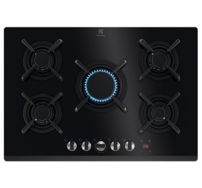 Варильна поверхня Electrolux газова на склі, 75см, чавун, електрон. керування, Hob2Hood, чорний