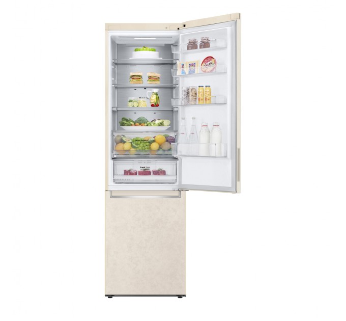 Холодильник LG с нижн. мороз., 203x60х68, холод.отд.-277л, мороз.отд.-107л, 2дв., E, NF, инв., диспл внешн., зона св-ти, Metal Fresh, бежевый