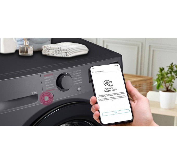 Прально-сушильна машина LG фронтальна, 9(5)кг, 1200, A, пара, 48см, дисплей, пара, інвертор, чорний