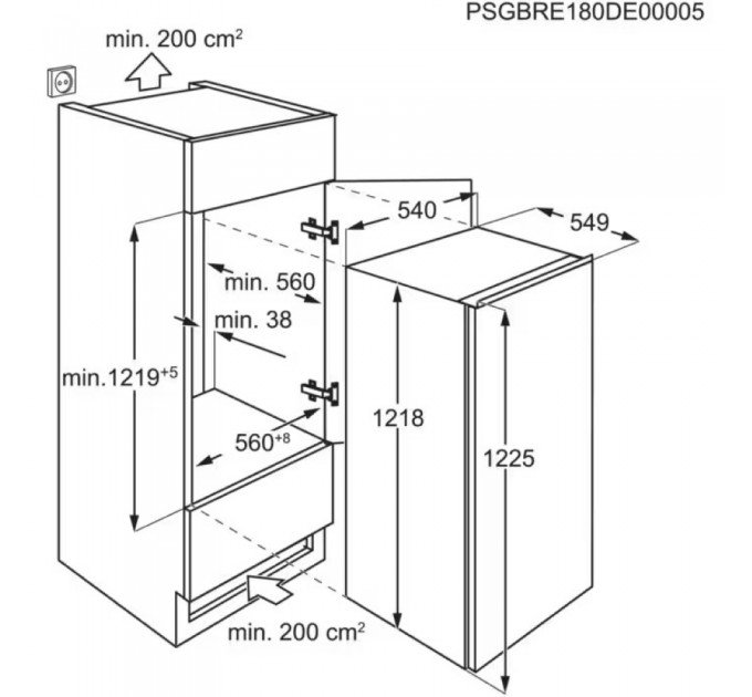 Холодильник Electrolux вбудований з верхн. мороз., 122x55х55, холод.відд.-173л, мороз.відд.-14л, 1дв., E, ST, білий