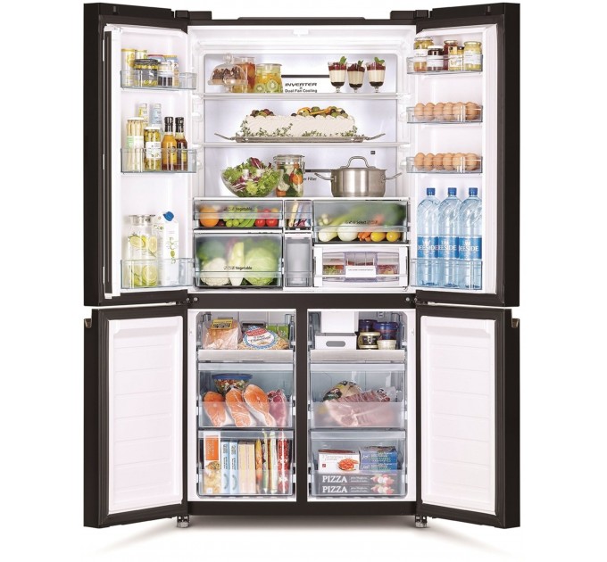 Холодильник Hitachi багатодверний, 184x90х72, холод.відд.-372л, мороз.відд.-196л, 4дв., А+, NF, інв., зона нульова, вакуум, льодоген., чорний (скло)