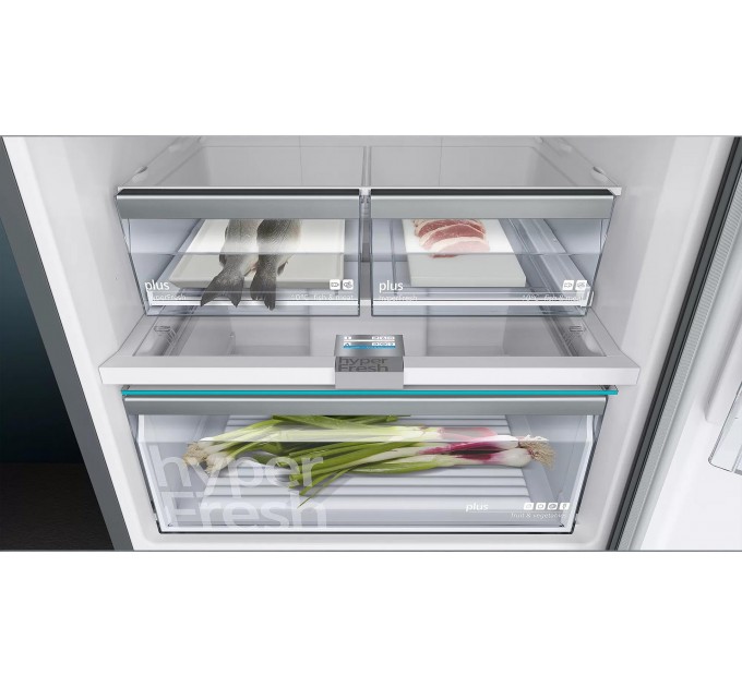 Холодильник Siemens с нижн. мороз., 192x70х80, холод.отд.-400л, мороз.отд.-105л, 2дв., А++, NF, дисплей, нерж