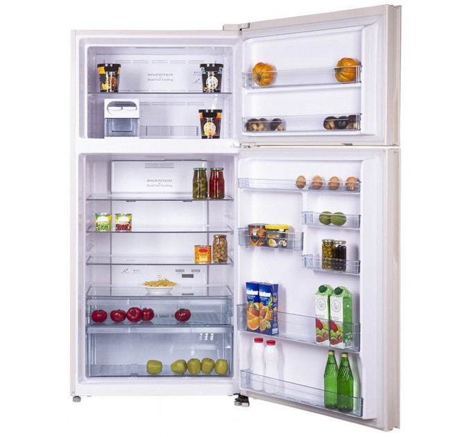 Холодильник Hitachi с верхн. мороз., 184x86х74, холод.отд.-405л, мороз.отд.-145л, 2дв., А++, NF, инв., зона нулевая, бежевый