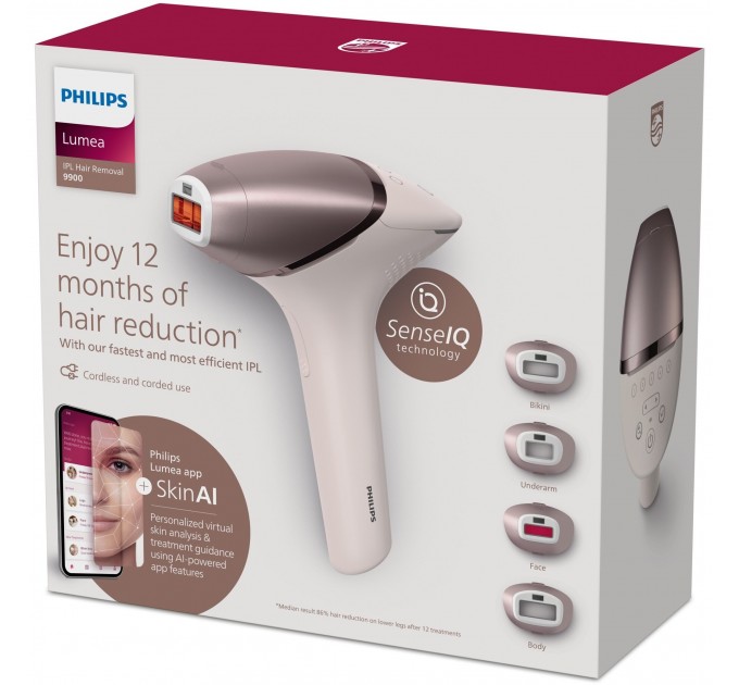Фотоэпилятор Philips Lumea IPL 9900 Series, аккумуляторный, кол-во вспыш-450000, 2- 4 см2, футляр, насадок-4, розовый