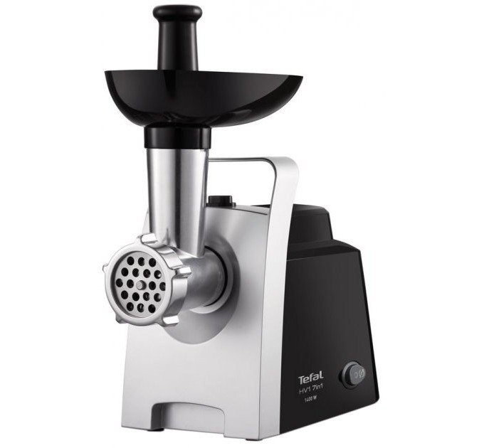 Мясорубка Tefal HV1 7in1, 1400Вт, 1.7кг/мин, 3 решетки, насадка для колбас, 3 терки, пластик, черно-серебристый
