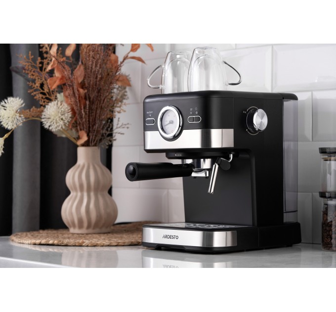 Кавоварка ARDESTO ріжкова 1.5л, мелена, ручний капучинатор, чорно-сріблястий