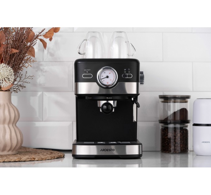 Кавоварка ARDESTO ріжкова 1.5л, мелена, ручний капучинатор, чорно-сріблястий