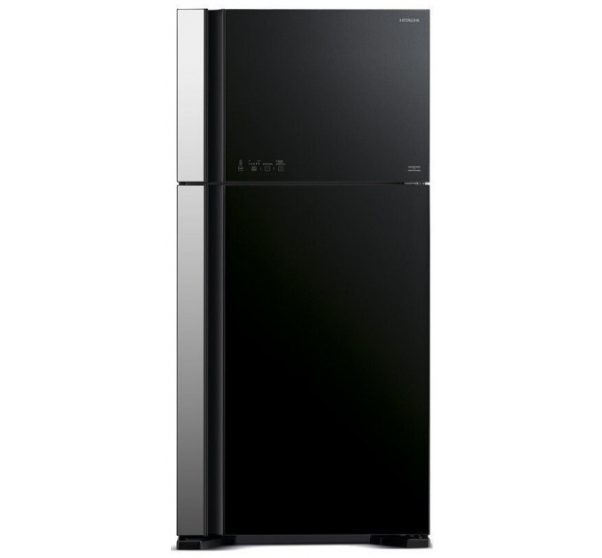 Холодильник Hitachi с верхн. мороз., 184x86х74, холод.отд.-405л, мороз.отд.-145л, 2дв., А++, NF, инв., зона нулевая, черный (стекло)