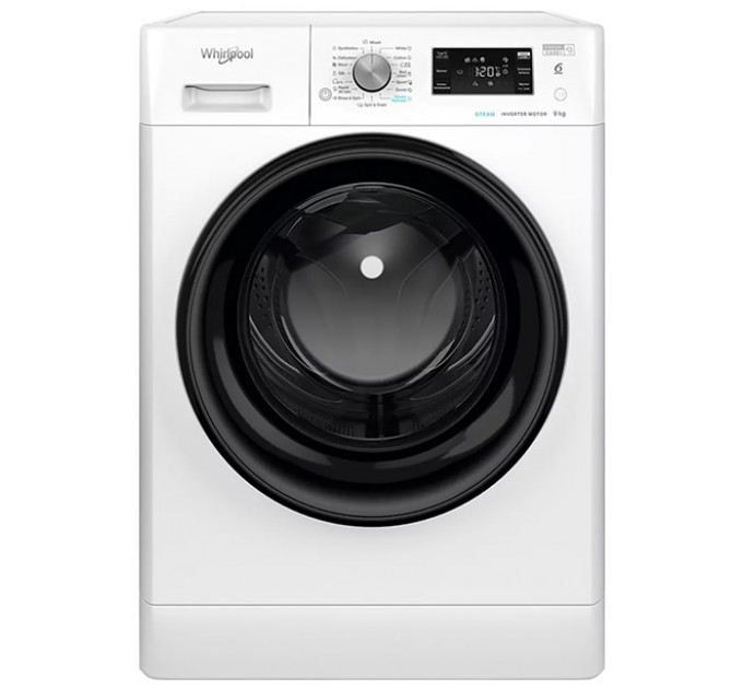 Стиральная машина Whirlpool фронтальная, 9кг, 1400, A+++, 60см, дисплей, пар, инвертор, люк черный, белый