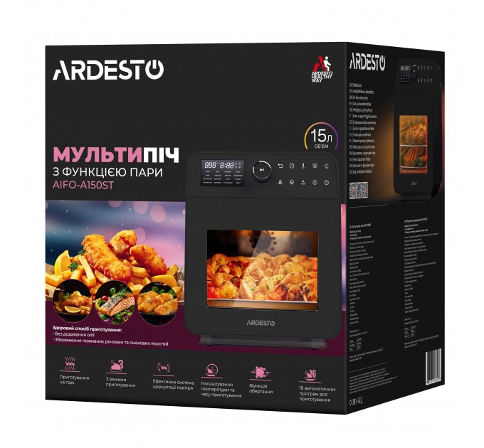 Мультипеч ARDESTO, 2250Вт, объем-15л, сенсорне керування, функция приготовления на пару, 40-220°C, метал/пластик, бело-черный