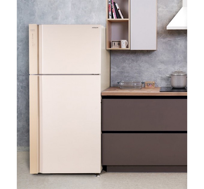 Холодильник Hitachi с верхн. мороз., 184x86х74, холод.отд.-405л, мороз.отд.-145л, 2дв., А++, NF, инв., зона нулевая, бежевый