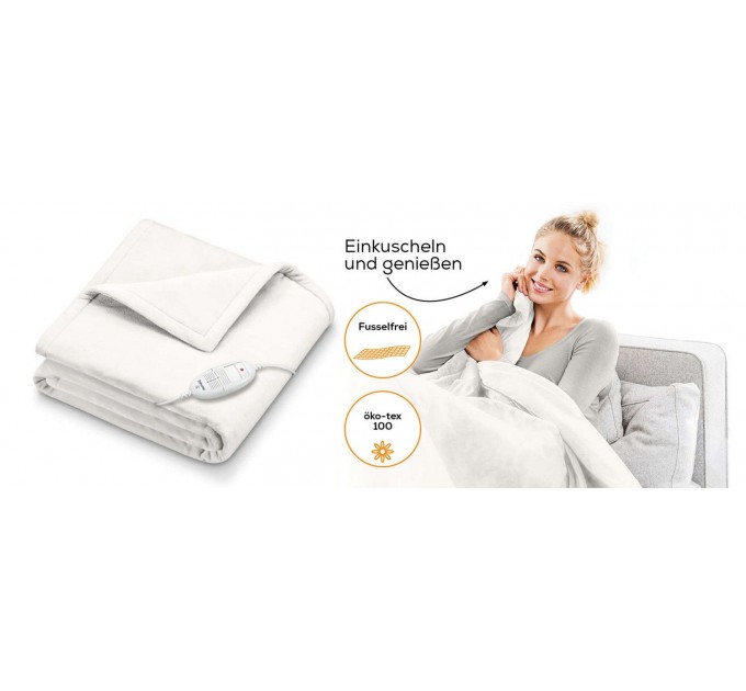 Электроодеяло Beurer, от сети, 180х130см, 100Вт, 6 режимов, флис, белый