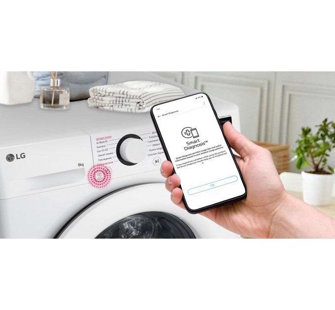 Стиральная машина LG фронтальная, 8кг, 1200, A, 48см, дисплей, пар, инвертор, белый