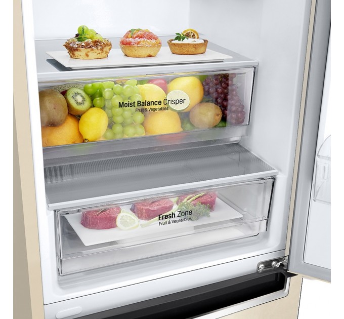 Холодильник LG с нижн. мороз., 203x60х68, холод.отд.-277л, мороз.отд.-107л, 2дв., E, NF, инв., диспл внешн., зона св-ти, бежевый