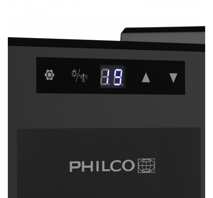 Холодильник Philco для вина, 45х25х50, холод.отд.-21л, зон - 1, бут-8, диспл, подсветка, черный