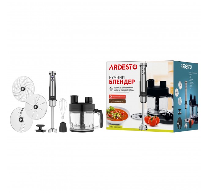 Блендер ARDESTO заглибний 1000Вт, 7в1, чаша-2000мл, насадка для нарізання кубиками, чорно-сріблястий