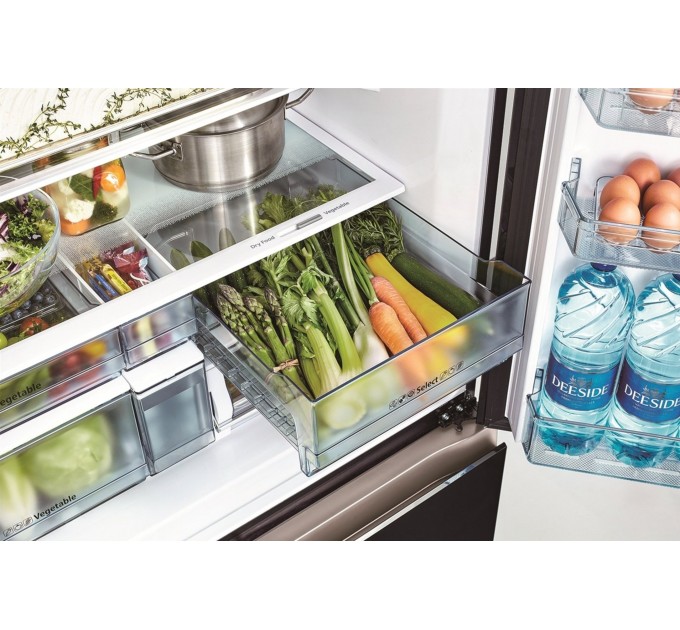 Холодильник Hitachi багатодверний, 184x90х72, холод.відд.-372л, мороз.відд.-196л, 4дв., А+, NF, інв., зона нульова, вакуум, льодоген., чорний (скло)