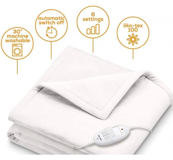 Электроодеяло Beurer, от сети, 180х130см, 100Вт, 6 режимов, флис, белый