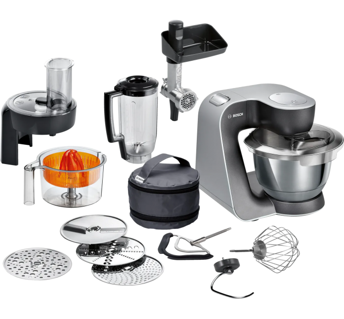 Кухонная машина Bosch, 1000Вт, чаша-металл, корпус-металл+пластик, насадок-11, серый