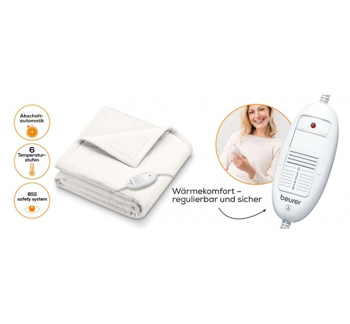 Электроодеяло Beurer, от сети, 180х130см, 100Вт, 6 режимов, флис, белый