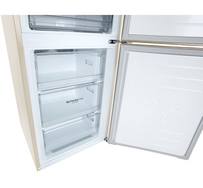 Холодильник LG с нижн. мороз., 203x60х68, холод.отд.-277л, мороз.отд.-107л, 2дв., E, NF, инв., диспл внешн., зона св-ти, бежевый