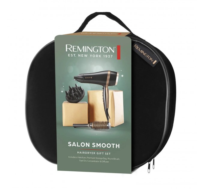 Фен Remington Salon Smooth, 2100Вт, 3 режими, дифузор,гребінець, кейс, іоніз-я, хол. обдув, , чорний
