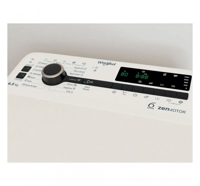 Стиральная машина Whirlpool вертикальная, 6,5кг, 1200, С, 60см, дисплей, инвертор, белый