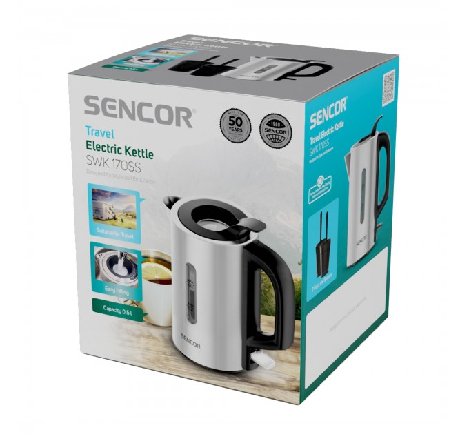 Електрочайник Sencor 0.5л, Strix, пластик, в комплекті 2 склянки + 2 ложки, нерж. сталь