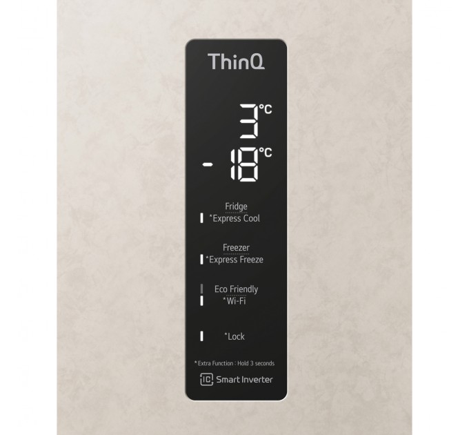 Холодильник LG с нижн. мороз., 203x60х68, холод.отд.-277л, мороз.отд.-107л, 2дв., E, NF, инв., диспл внешн., зона св-ти, Metal Fresh, бежевый