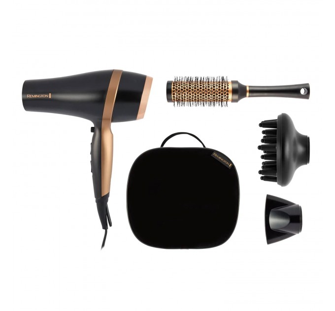 Фен Remington Salon Smooth, 2100Вт, 3 режими, дифузор,гребінець, кейс, іоніз-я, хол. обдув, , чорний