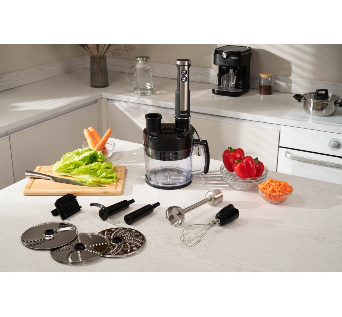 Блендер ARDESTO заглибний 1000Вт, 7в1, чаша-2000мл, насадка для нарізання кубиками, чорно-сріблястий