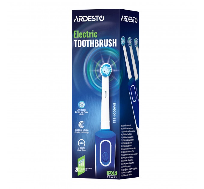Щетка зубная электр. ARDESTO, ETB-I009WB, 4,5т. колеб/мин, насадок-3, IPX4, белый+синий
