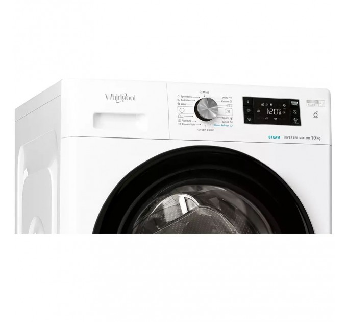 Стиральная машина Whirlpool фронтальная, 10кг, 1400, A+++, 60см, дисплей, пар, инвертор, люк черный, белый
