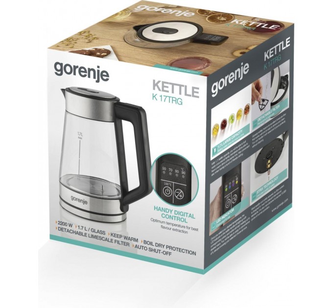 Электрочайник Gorenje 1.7л, 2,200 Вт, стекло, нерж