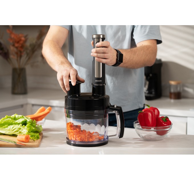 Блендер ARDESTO заглибний 1000Вт, 7в1, чаша-2000мл, насадка для нарізання кубиками, чорно-сріблястий