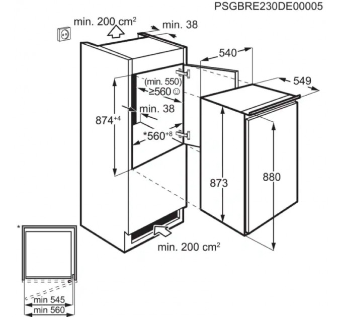 Холодильная камера Electrolux встраиваемая, 87.3x55х55, 142л, E, ST, белый