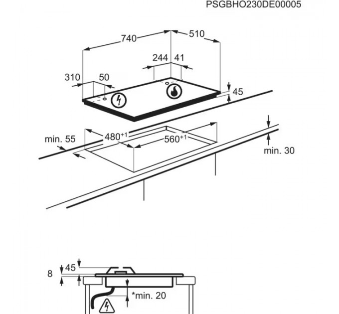 Варильна поверхня Electrolux газова на склі, 75см, чавун, електрон. керування, Hob2Hood, чорний