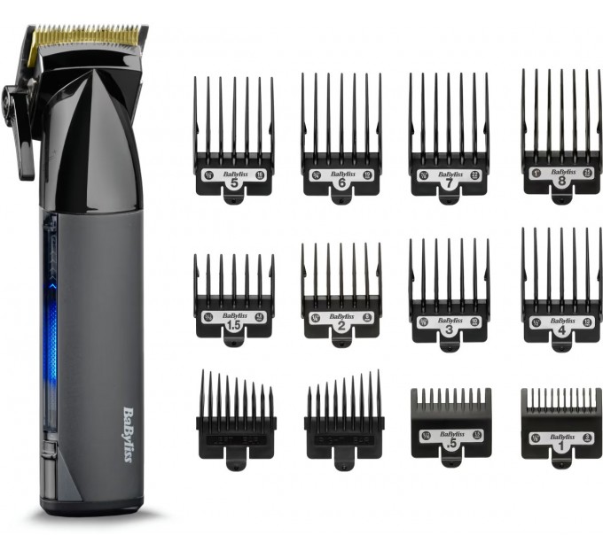 Машинка для стрижки Babyliss Super-X Metal Series, акум., насадок-12, быстрая заряд, сумка для хранения, сталь с графитовим покрытием, чорно-серебр.