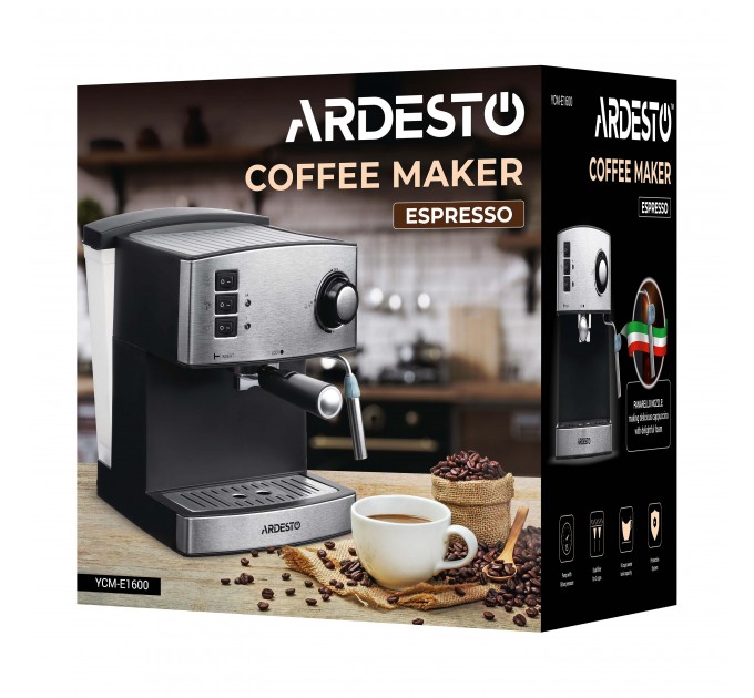 Кофеварка ARDESTO рожковая Steel Collection 1.6л, молотый, ручной капучинатор, серебристо-черный