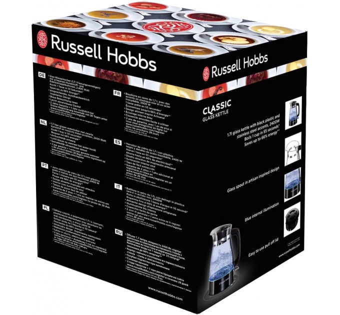 Электрочайник Russell Hobbs Hourglass 1.7л, стекло, подсветка, черно-серебристый