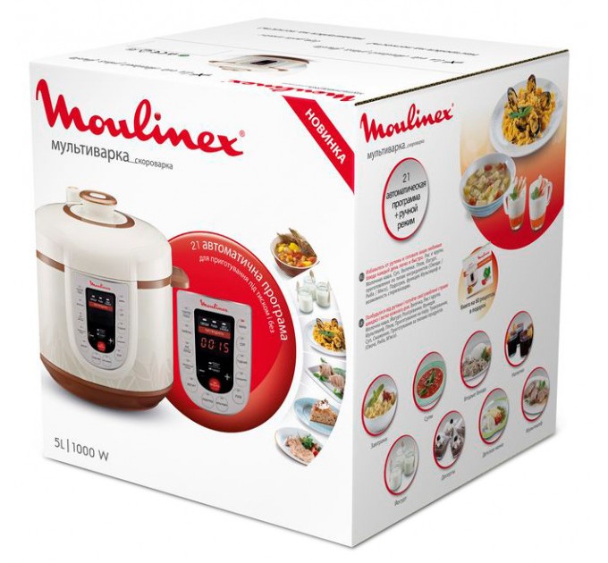 Мультиварка-скороварка Moulinex, 1000Вт, чаша-5л, сенсорное управл., металл/пластик, белый