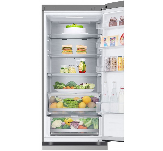 Холодильник LG с нижн. мороз., 203x60х68, холод.отд.-277л, мороз.отд.-110л, 2дв., E, NF, инв., диспл внешн., Fresh Сonverter, Metal Fresh, серебристый