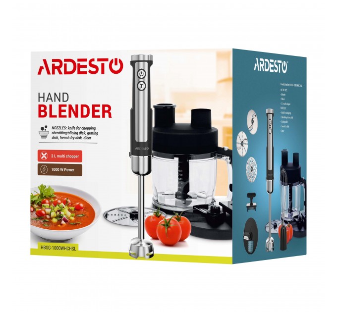 Блендер ARDESTO заглибний 1000Вт, 7в1, чаша-2000мл, насадка для нарізання кубиками, чорно-сріблястий