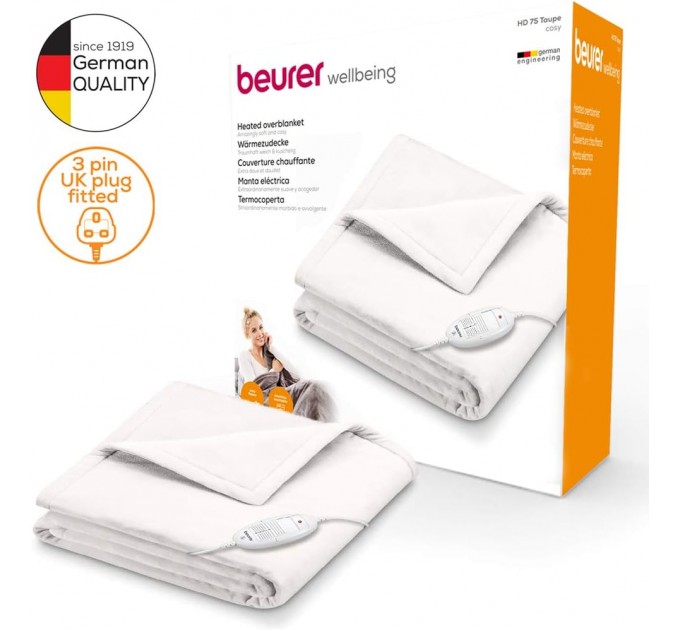 Электроодеяло Beurer, от сети, 180х130см, 100Вт, 6 режимов, флис, белый