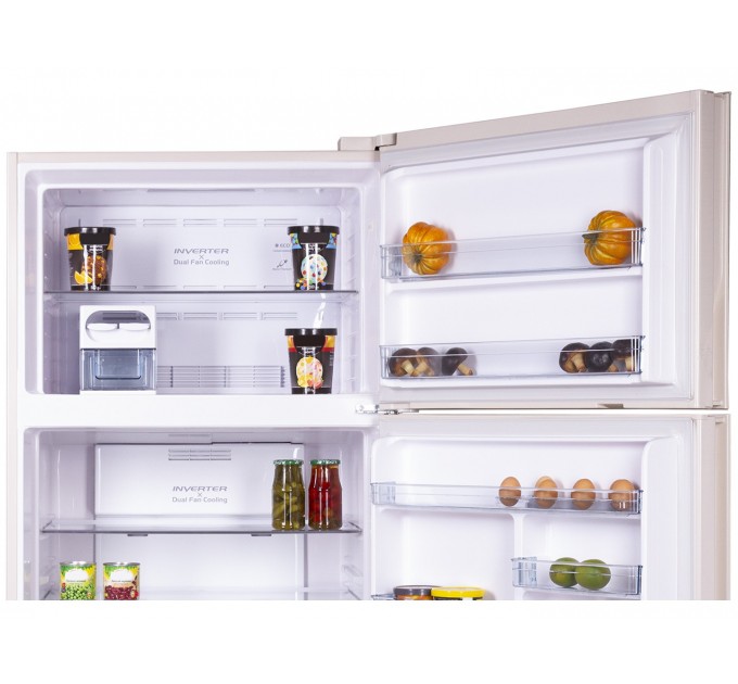 Холодильник Hitachi с верхн. мороз., 184x86х74, холод.отд.-405л, мороз.отд.-145л, 2дв., А++, NF, инв., зона нулевая, бежевый