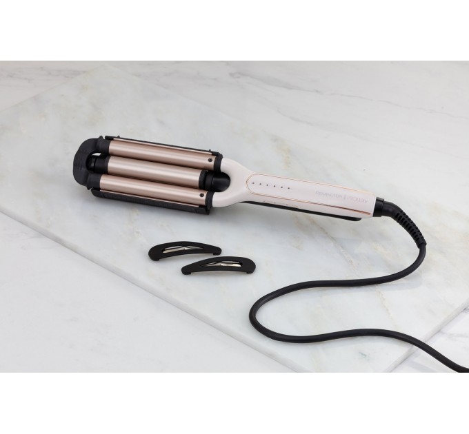 Плойка Remington ProLuxe 4-в-1 для волн, 90Вт, темп.режимов-5, D-15mm, 150-210С, керамика, бело-золотой