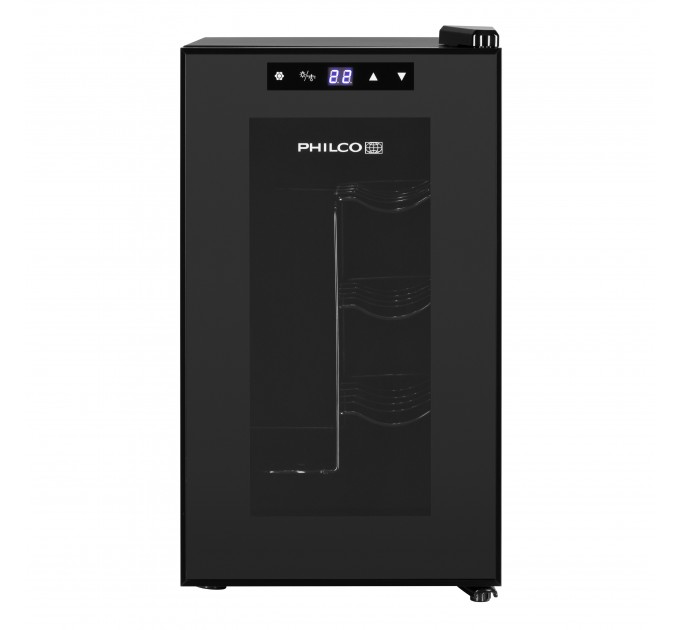 Холодильник Philco для вина, 45х25х50, холод.отд.-21л, зон - 1, бут-8, диспл, подсветка, черный