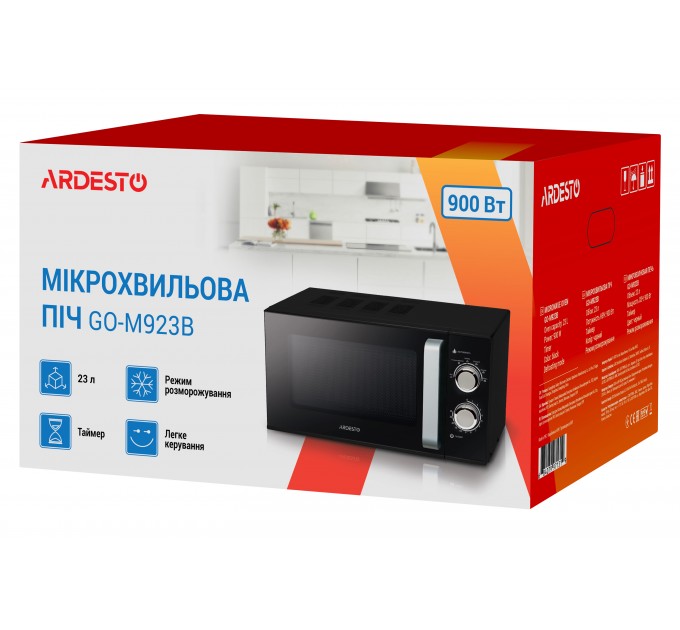 Мікрохвильова піч ARDESTO, 23л, мех.керув., 900Вт, відкр.ручкою, чорний