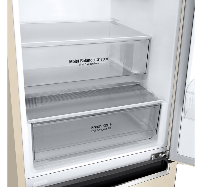 Холодильник LG с нижн. мороз., 203x60х68, холод.отд.-277л, мороз.отд.-107л, 2дв., E, NF, инв., диспл внешн., зона св-ти, бежевый