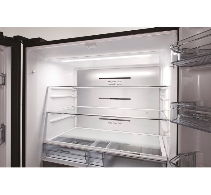 Холодильник Hitachi багатодверний, 184x90х72, холод.відд.-372л, мороз.відд.-196л, 4дв., А+, NF, інв., зона нульова, вакуум, льодоген., чорний (скло)